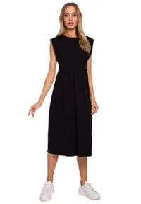 MOE - Bawełniana Midi Sukienka z Podwyższonym Stanem - Czarna. Kolor: czarny. Materiał: bawełna. Długość: midi