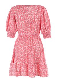 Born2be - Różowa Sukienka Salesi. Kolor: różowy. Materiał: tkanina, materiał. Wzór: aplikacja, kwiaty. Typ sukienki: kopertowe. Długość: mini #2