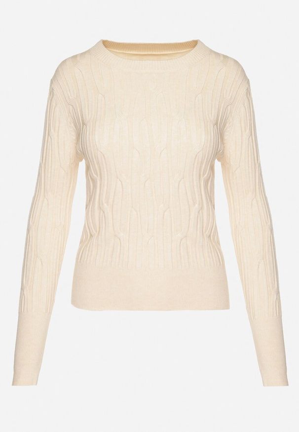 Born2be - Beżowy Sweter z Wiskozą Ozdobiony Tłoczeniem Savinia. Okazja: na co dzień, na spotkanie biznesowe. Kolor: beżowy. Materiał: wiskoza. Wzór: aplikacja. Styl: biznesowy, elegancki, casual