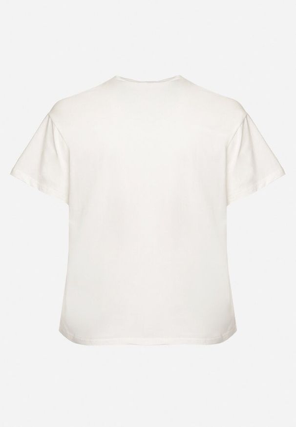 Born2be - Biały T-shirt z Bawełny z Naszywką Kwiatu Firirene. Okazja: na co dzień. Kolor: biały. Materiał: bawełna. Wzór: aplikacja, kwiaty. Styl: elegancki, casual