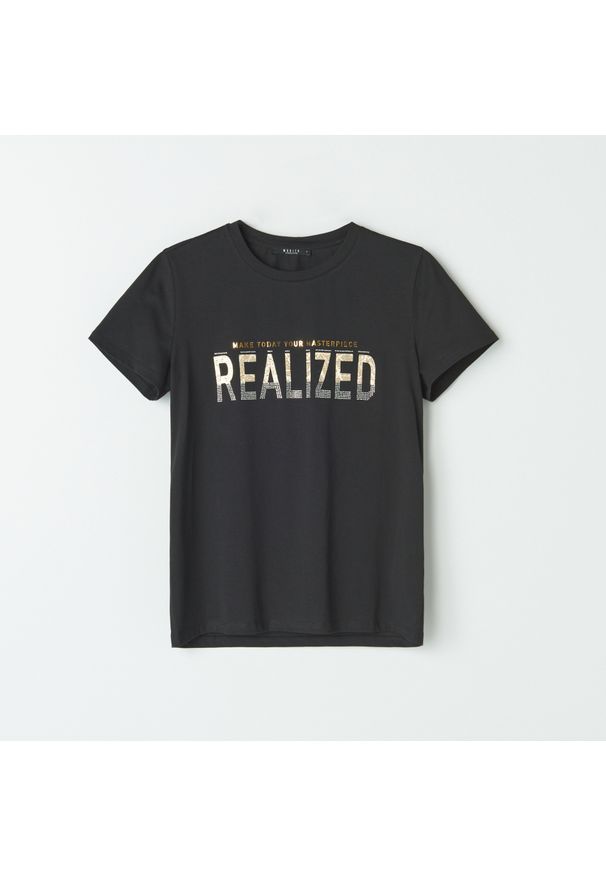 Mohito - Koszulka z błyszczącym napisem - Czarny. Kolor: czarny. Wzór: napisy