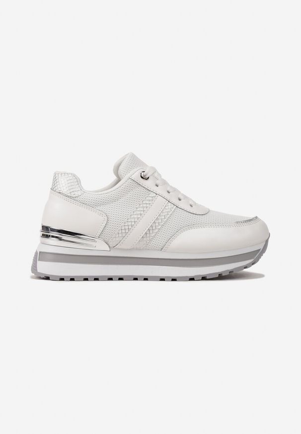 Renee - Białe Sneakersy na Podeszwie w Paski z Metalicznymi Wstawkami i Siateczką Silenalo. Zapięcie: pasek. Kolor: biały. Materiał: materiał. Wzór: paski