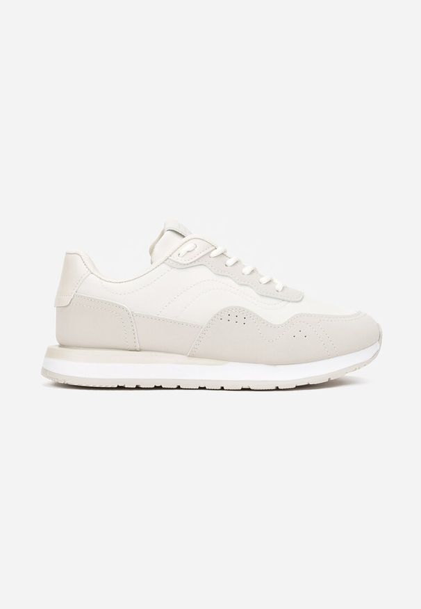 Renee - Beżowe Sneakersy Zdobione Wstawkami z Imitacji Skóry Fayela. Kolor: beżowy. Materiał: skóra. Wzór: aplikacja