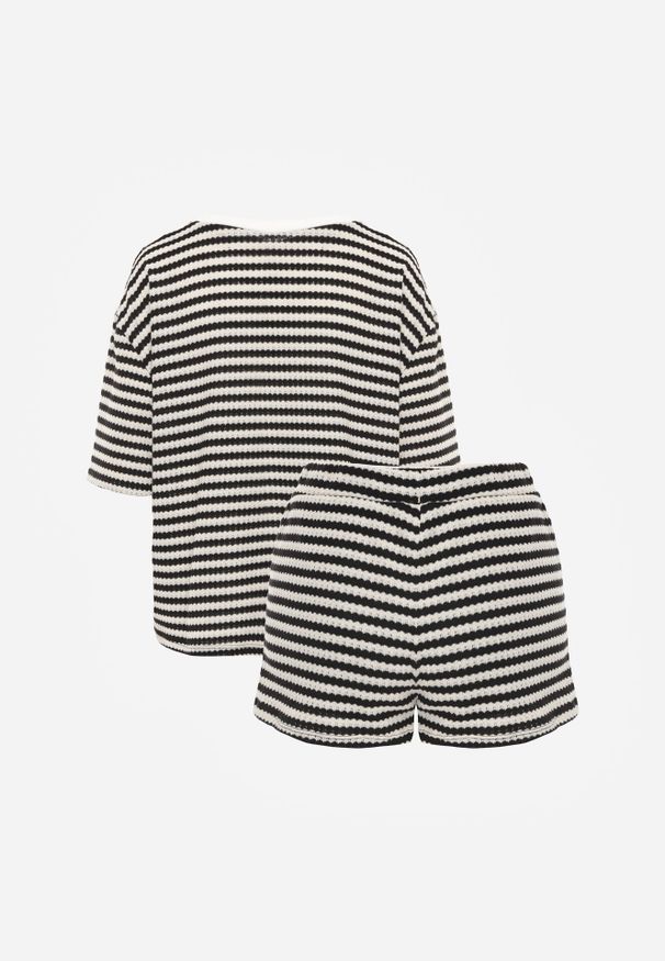 Born2be - Beżowo-Czarny Komplet Bawełniany z Dzianiny Szorty i T-shirt o Luźnym Kroju w Paski Proseltte. Kolor: beżowy. Materiał: bawełna, dzianina. Wzór: paski