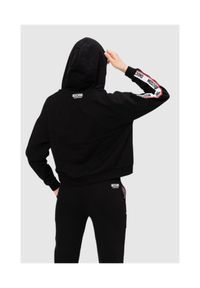 MOSCHINO Czarna bluza damska z kapturem i lampasami, Rozmiar XS. Typ kołnierza: kaptur. Kolor: czarny. Materiał: prążkowany, bawełna. Wzór: aplikacja