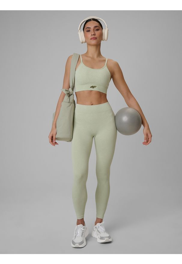 4f - 4F Legginsy treningowe bezszwowe damskie - zielone XS/S. Stan: podwyższony. Kolor: zielony. Materiał: skóra. Długość: długie. Sport: fitness