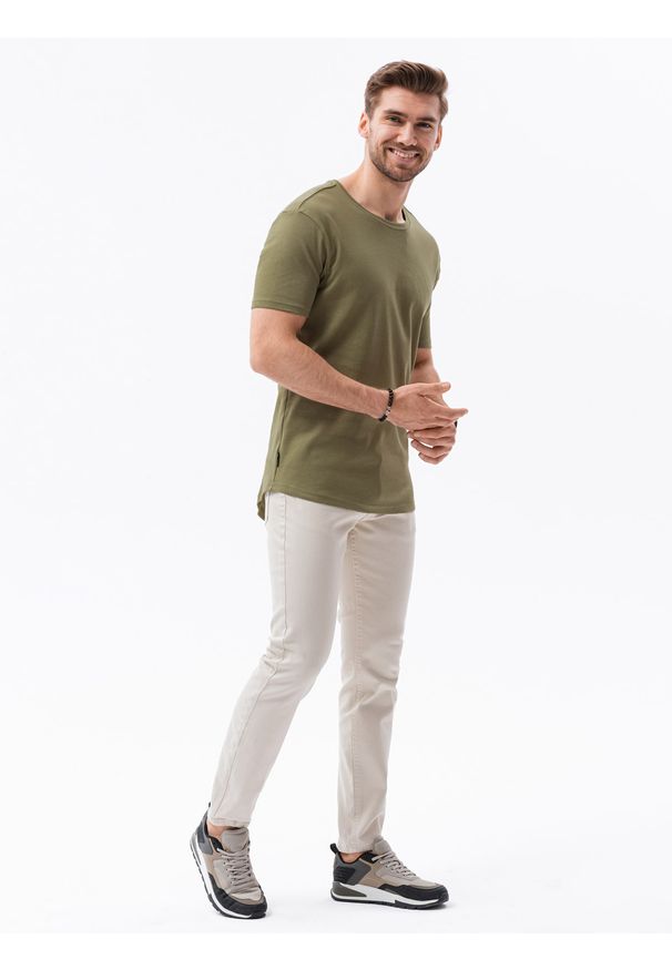 Ombre Clothing - T-shirt męski bawełniany z nadrukiem S1387 - oliwkowy - XXL. Kolor: oliwkowy. Materiał: bawełna. Wzór: nadruk
