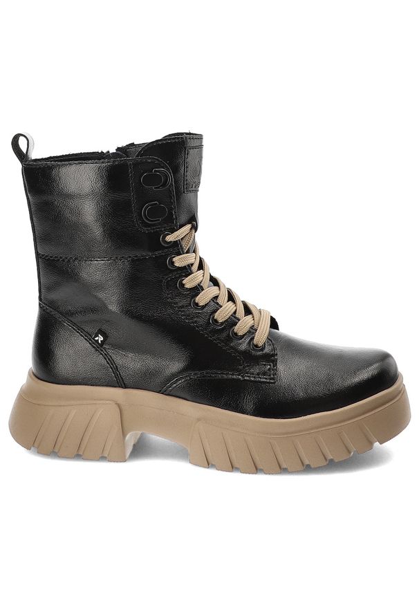 Czarne Botki Rieker Modne Ocieplane Obuwie Damskie. Okazja: na co dzień. Zapięcie: sznurówki. Kolor: czarny. Materiał: skóra ekologiczna, materiał. Styl: casual, elegancki