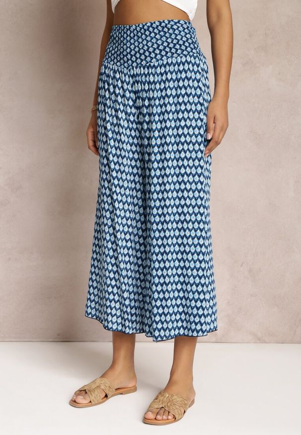 Renee - Granatowo-Niebieskie Szerokie Spodnie z Wiskozy z Marszczoną Gumką w Talii Mellody. Kolor: niebieski. Materiał: wiskoza. Styl: boho