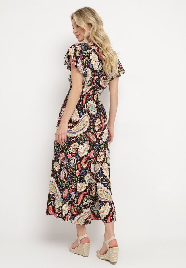 Born2be - Czarna Bawełniana Sukienka Boho z Gumką w Talii i Wzorem Paisley Sirrelia. Kolor: czarny. Materiał: bawełna. Wzór: paisley. Styl: boho