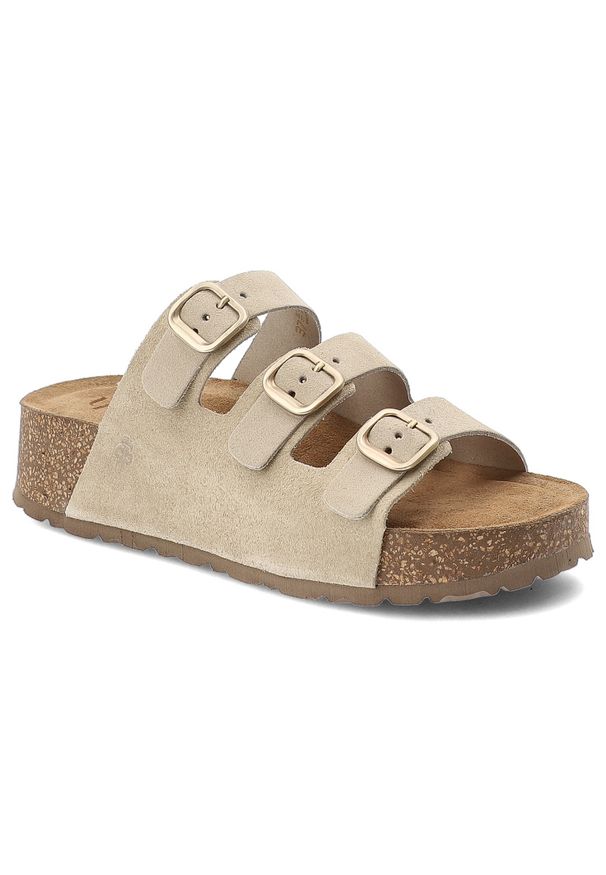 Klapki damskie Yokono, cholewka ze skóry naturalnej odkryty fason trzy regulowane paski z klamrami, beżowe, Wiwi-263. Kolor: beżowy. Materiał: skóra. Wzór: paski