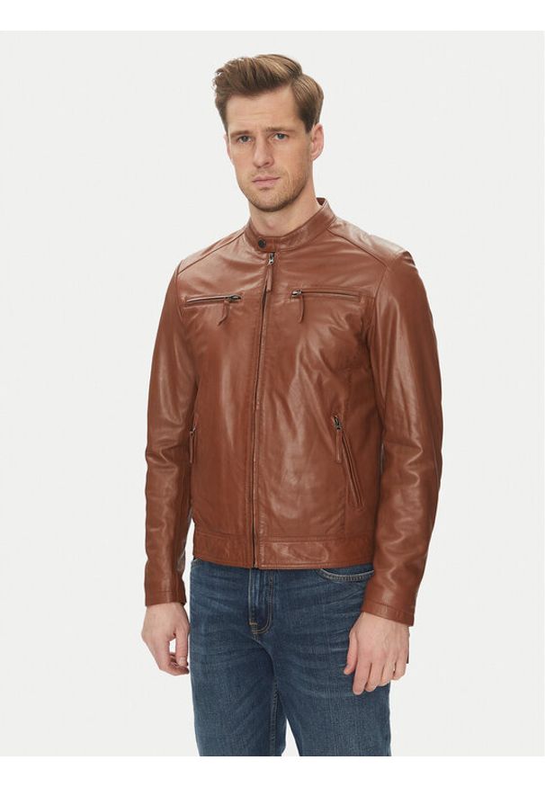Serge Pariente Kurtka skórzana Tonic Brązowy Slim Fit. Kolor: brązowy. Materiał: skóra