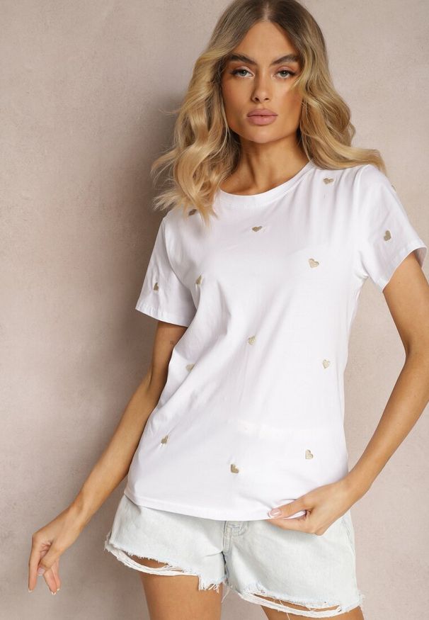 Renee - Biały T-shirt z Bawełny z Haftowanymi Serduszkami Norolia. Okazja: na co dzień. Kolor: biały. Materiał: bawełna. Wzór: haft. Styl: klasyczny, casual, elegancki