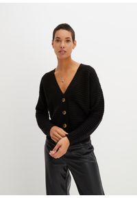 bonprix - Sweter rozpinany w krótszym fasonie. Typ kołnierza: dekolt w serek. Kolor: czarny. Długość: krótkie #1