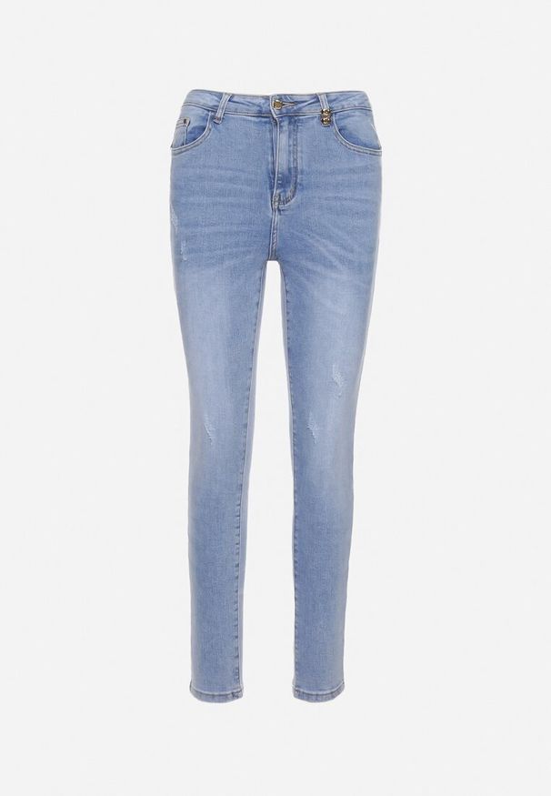 Born2be - Jasnoniebieskie Jeansy Skinny z Elastycznej Bawełny z Ozdobną Szlufką Almiria. Okazja: na co dzień. Stan: podwyższony. Kolor: niebieski. Styl: casual, klasyczny, elegancki, wizytowy