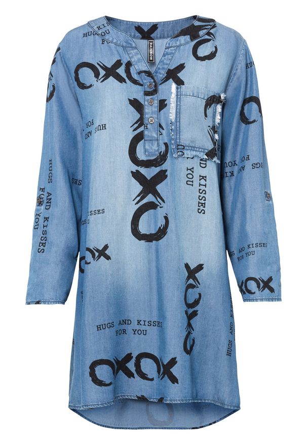 Sukienka dżinsowa z napisem, TENCEL™ Lyocell bonprix niebieski denim z nadrukiem. Kolor: niebieski. Materiał: lyocell, denim. Wzór: napisy, nadruk
