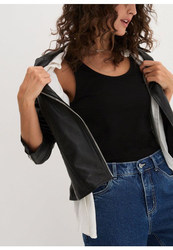 bonprix - Tank top ze stretchem (2 szt. w opak.). Okazja: na co dzień. Kolor: czarny. Materiał: bawełna, materiał. Długość rękawa: na ramiączkach. Styl: casual