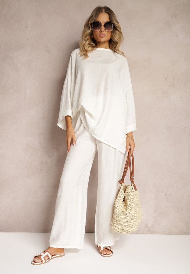 Renee - Biały Komplet z Wiskozy Bluzka o Kroju Nietoperza i Szerokie Spodnie Qadrina. Kolor: biały. Materiał: wiskoza