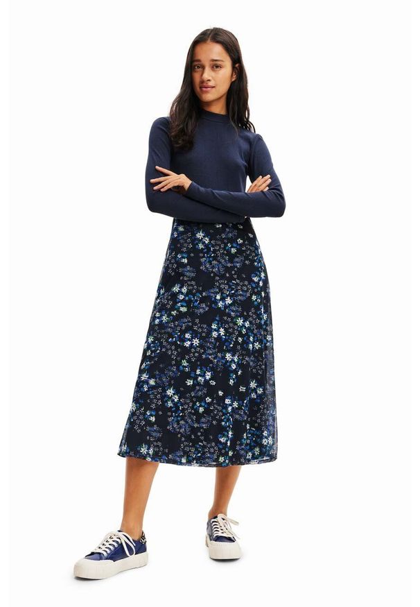 Desigual sukienka kolor granatowy midi rozkloszowana. Kolor: niebieski. Materiał: materiał, wiskoza. Długość rękawa: długi rękaw. Typ sukienki: rozkloszowane. Długość: midi