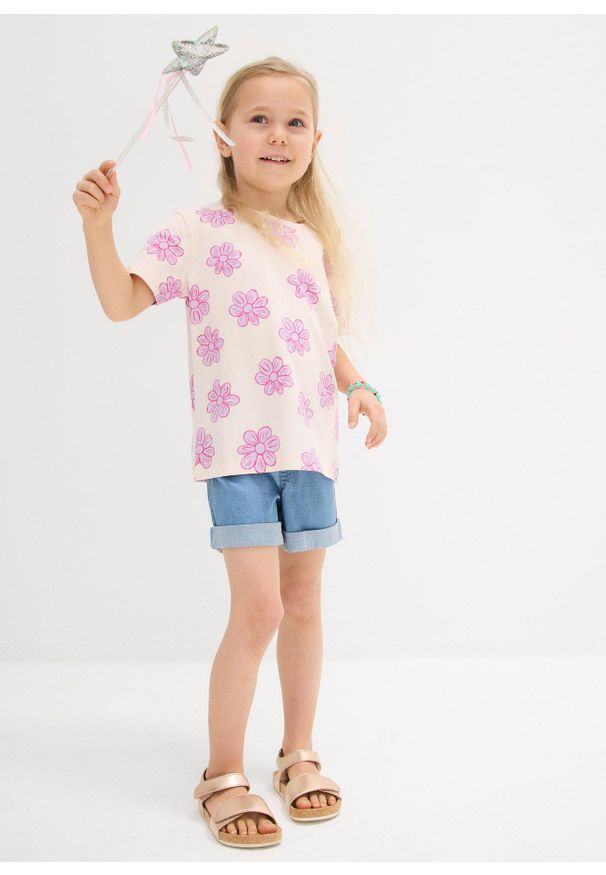 bonprix - T-shrit z elastycznej mieszanki bawełny. Kolor: różowy. Materiał: bawełna. Wzór: kwiaty. Sezon: lato