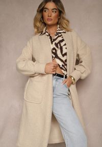 Renee - Jasnobeżowy Płaszcz Boucle Niezapinany Cango. Okazja: na co dzień. Kolor: beżowy. Materiał: jeans, tkanina. Długość rękawa: długi rękaw. Długość: długie. Styl: casual, elegancki #4