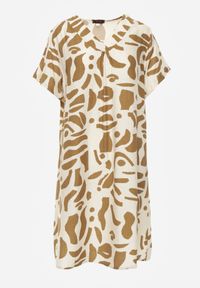 Born2be - Beżowa Pudełkowa Sukienka z Wiskozy z Dekoltem w Serek w Abstrakcyjny Wzór Cresom. Okazja: na co dzień. Typ kołnierza: dekolt w serek. Kolekcja: plus size. Kolor: beżowy. Materiał: wiskoza. Sezon: lato. Typ sukienki: dla puszystych, proste. Styl: casual #7