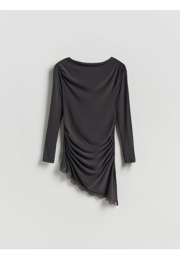 Reserved - Asymetryczna bluzka - ciemnoszary. Kolor: szary. Materiał: dzianina. Wzór: gładki