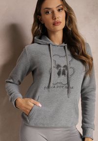 Renee - Szara Bluza Kangurka ze Ściągaczami z Nadrukiem i Polarem Simunsa. Kolor: szary. Materiał: polar. Wzór: nadruk. Styl: klasyczny #5