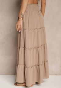 Renee - Beżowa Rozkloszowana Spódnica z Gumką w Talii Zdobiona Falbanami Dovinelle. Okazja: na co dzień. Kolor: beżowy. Wzór: aplikacja. Styl: elegancki, casual