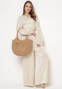 Born2be - Ciemnobeżowa Okrągła Torebka Pleciona w Stylu Boho z Ozdobnym Chwostem Karasa. Kolor: beżowy. Wzór: aplikacja. Sezon: lato. Styl: boho #5