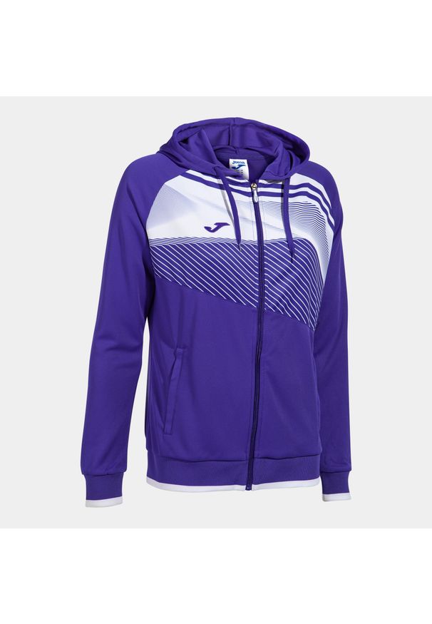 Kurtka do piłki nożnej damska Joma Supernova II z kapturem. Typ kołnierza: kaptur. Kolor: fioletowy, biały, wielokolorowy. Sport: piłka nożna