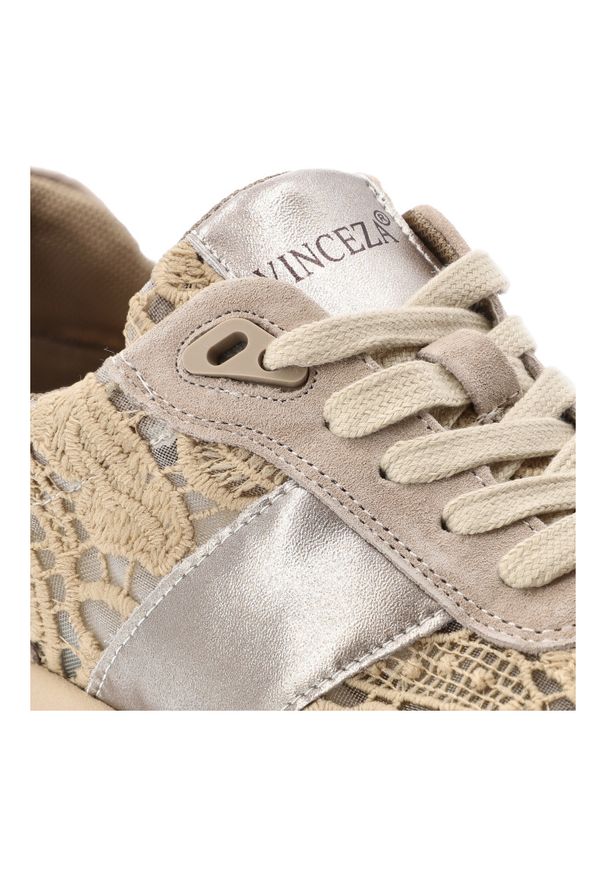 Sneakersy damskie Vinceza, cholewka z połączenia skóry naturalnej zamszowej metaliczne wstawki i klasyczne wiązanie, khaki, 99200. Kolor: szary. Materiał: skóra, zamsz. Szerokość cholewki: normalna