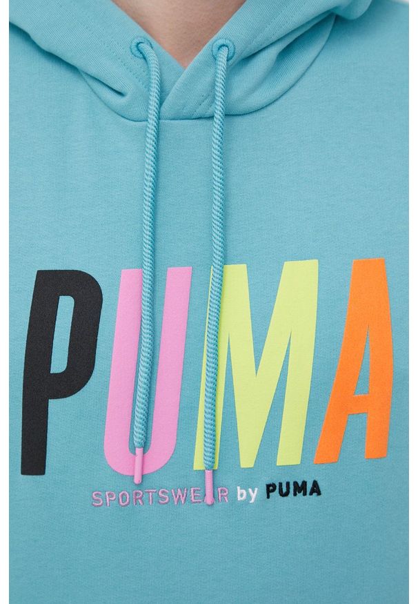 Puma bluza bawełniana 533621 męska kolor turkusowy z kapturem z aplikacją. Typ kołnierza: kaptur. Kolor: turkusowy. Materiał: bawełna. Wzór: aplikacja