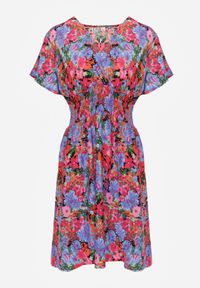 Renee - Różowo-Niebieska Krótka Sukienka w Kwiaty z Szeroką Gumką w Pasie Meles. Kolor: niebieski. Materiał: wiskoza. Długość rękawa: krótki rękaw. Wzór: kwiaty. Sezon: lato. Typ sukienki: rozkloszowane, kopertowe. Długość: mini #8