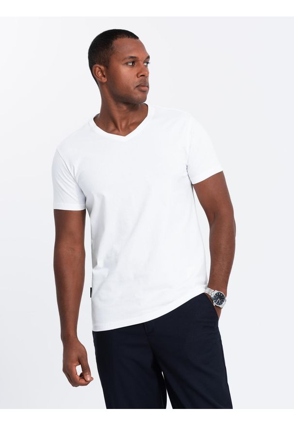 Ombre Clothing - Zestaw męskich koszulek bawełnianych V-neck BASIC – biały/granatowy/bordowy V13 OM-TSBS-0233 - XXL. Typ kołnierza: dekolt w serek. Kolor: czerwony. Materiał: bawełna