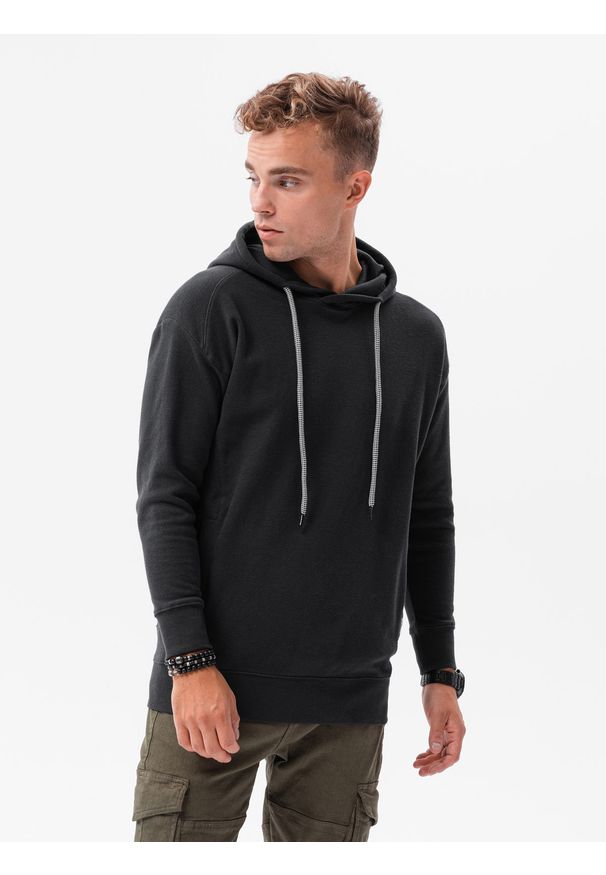 Ombre Clothing - Bluza męska z kapturem ze strukturalnego materiału - czarna V1 - Rozmiar: L. Typ kołnierza: kaptur. Kolor: czarny. Materiał: materiał. Wzór: geometria