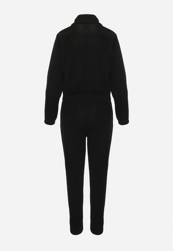Born2be - Czarny Komplet Dresowy z Prążkowanego Materiału Bluza z Kołnierzykiem i Spodnie z Gumką w Pasie Kerulla. Kolor: czarny. Materiał: dresówka, materiał, prążkowany