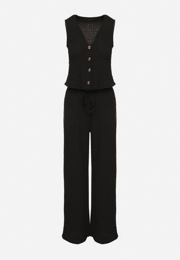 Born2be - Czarny Komplet Kamizelka z Dekoltem w Serek i Szerokie Spodnie z Wiązaniem Sadonelle. Kolor: czarny