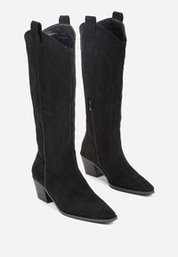 Renee - Czarne Haftowane Kozaki Kowbojki na Stożkowym Obcasie Galianna. Okazja: na co dzień. Kolor: czarny. Materiał: jeans, koronka. Wzór: haft. Obcas: na obcasie. Styl: casual. Wysokość obcasa: średni #5