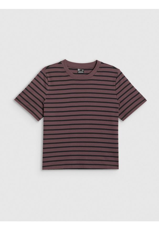 4f - 4F T-shirt regular gładki damski - brązowy M. Okazja: na co dzień. Kolor: brązowy. Materiał: dzianina, bawełna. Długość rękawa: krótki rękaw. Długość: krótkie. Wzór: gładki. Styl: casual