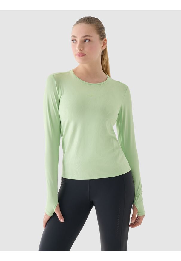 4f - 4F Longsleeve do biegania szybkoschnący damski - zielony XS. Kolor: zielony. Materiał: materiał, elastan, syntetyk, włókno, dzianina. Długość rękawa: długi rękaw. Długość: krótkie. Wzór: gładki, nadruk, ze splotem. Sport: fitness, bieganie