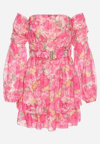 Born2be - Fuksjowa Wiskozowa Sukienka Hiszpanka z Falbanami i Paskiem w Kwiaty Virmoi. Okazja: na spacer, na co dzień. Typ kołnierza: dekolt hiszpanka. Kolor: różowy. Materiał: wiskoza. Wzór: kwiaty. Typ sukienki: proste. Styl: casual #3