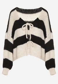 Born2be - Czarny Wiązany Kardigan Oversize w Paski z Dodatkiem Wełny i Wiskozy Retire. Kolor: czarny. Materiał: wełna, wiskoza. Wzór: paski #2