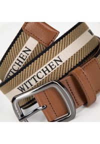 Wittchen - Męski pasek skórzany z brandingiem brązowo - beżowy. Kolor: brązowy, beżowy, wielokolorowy. Materiał: skóra. Wzór: napisy. Styl: sportowy, klasyczny