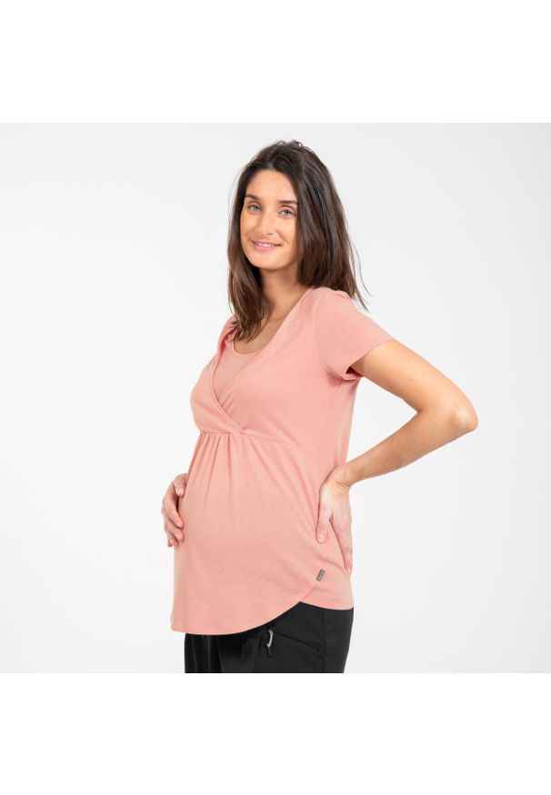 quechua - Koszulka turystyczna damska Quechua Maternite. Kolekcja: moda ciążowa. Kolor: różowy. Materiał: poliester, bawełna, materiał, lyocell. Wzór: ze splotem