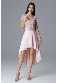 Figl - Różowa Dwuczęściowy Zestaw Koronkowa Bluzka + Asymetryczna Spódnica. Kolor: różowy. Materiał: koronka. Typ sukienki: asymetryczne