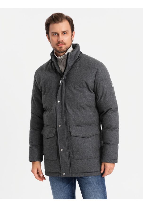 Ombre Clothing - Długa ciepła kurtka męska typu parka z wełną – czarny melanż V2 OM-JALJ-0217 - XXL. Kolor: czarny. Materiał: wełna. Długość: długie. Wzór: melanż