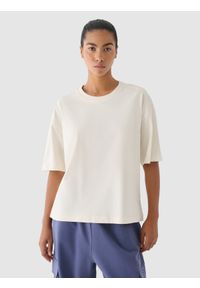 4f - 4F T-shirt oversize damski 4F x Anna Lewandowska - biały M. Okazja: na co dzień. Kolor: biały. Materiał: skóra, jersey, dzianina, materiał, bawełna. Długość rękawa: krótki rękaw. Długość: krótkie. Wzór: gładki, ze splotem. Styl: casual, klasyczny, sportowy #1