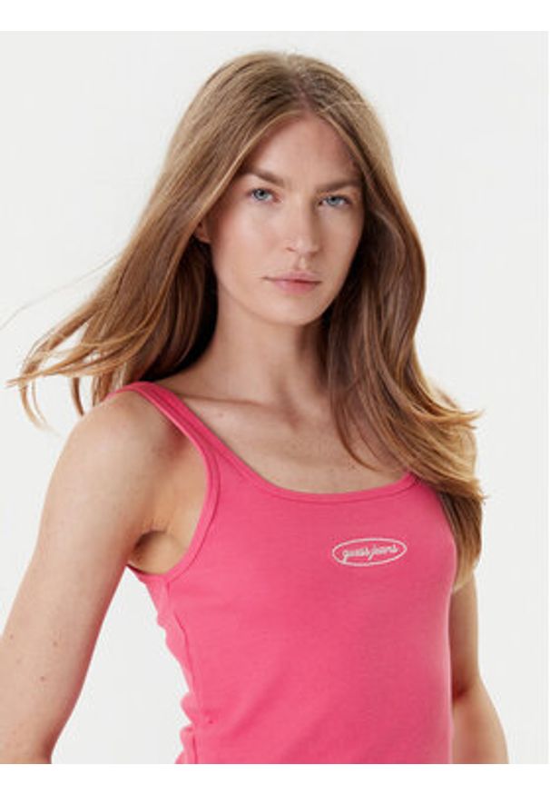 Guess Jeans Top W5YP35 KA0H1 Różowy Regular Fit. Kolor: różowy. Materiał: bawełna