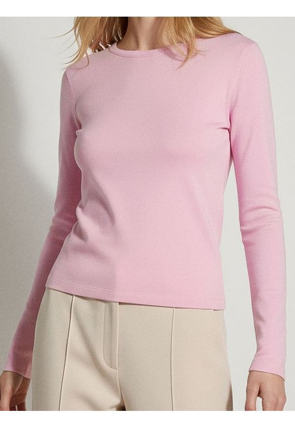 Sinsay - Bawełniana koszulka z długim rękawem - różowy. Kolor: różowy. Materiał: bawełna. Długość rękawa: długi rękaw. Długość: długie